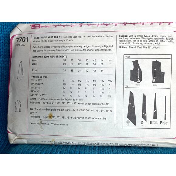 Simplicity 7701 Sewing pattern vest wide neck tie 1970s size 40 - Picture 3 of 5